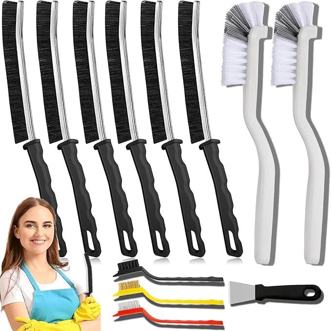 Crevice Cleaning Brush 12-Pack - Heavy Duty Hard Bristle Gap Brush for Deep Cleaning - Ultra-Thin Window Track Cleaning Tool for Shower Grout, Sliding Doors, Baseboards & Auto Detailing