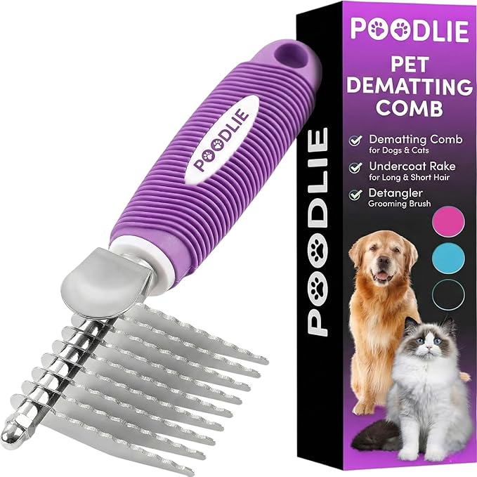Poodle Dematting Fur Rake Comb Brush for Dogs and Cats - Long 2.5" Steel Safety Blades Metal Comb for Detangling Matted or Knotted Undercoat Hair