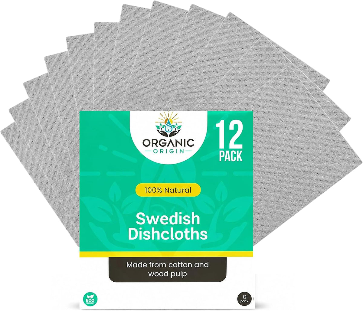 Organic Origin Swedish Dishcloths for Kitchen - Cellulose Cloths, 12 Counts
