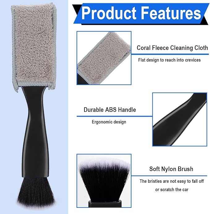 Double Head Brush for Car Clean, 2 in 1 Car Detailing Brush, Car Accessories Double Ended Portable Dust Brush with 2 Cleaning Cloth, Universal Dust Removal Brush for Air Conditioner Outlets