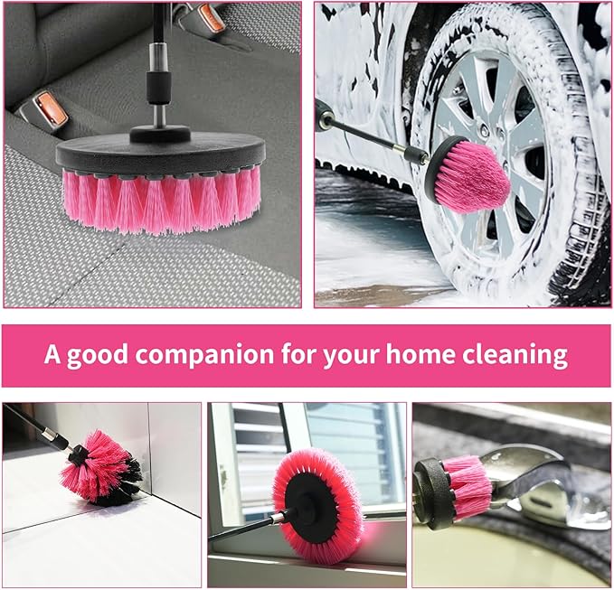 8 Pcs Drill Brush Attachment Set, Power Cleaning Scrub Brush Kit with Extend Long Attachment, All Purpose Drill Scrub Brushes for Car, Grout, Floor, Tub, Bathroom and Kitchen (Pink)