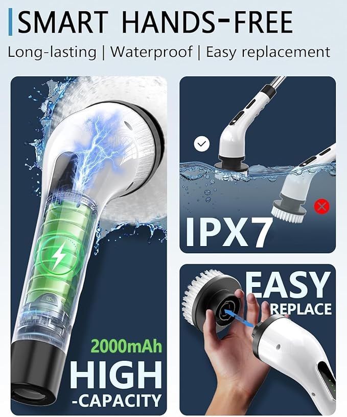 Electric Spin Scrubber for Cleaning Bathroom, Shower Scrubber Cordless Cleaning Brush with IPX7 Waterproof & 3 Speed, 9 Brush Heads, Bathroom Cleaning Supplies for Shower Tub Kitchen Tile Toilet Floor