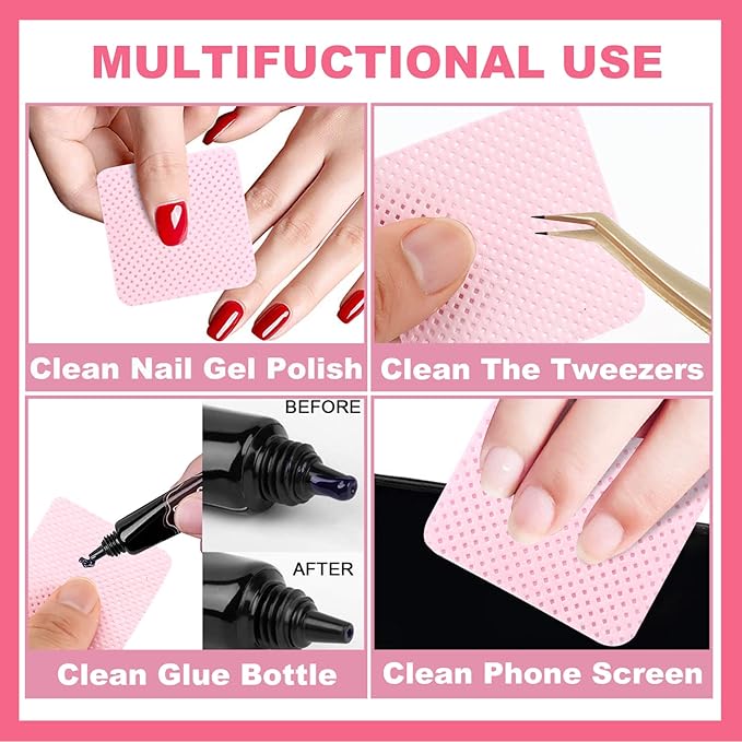 NXJ INFILILA Lint Free Nail Wipes, 540PCS Non-Woven Fabric Dry Nail Prep Wipes, Absorbent Acetone Nail Polish Remover Lash Extensions Glue Nail Cleaning Pads for Salon Supplies(Pink)