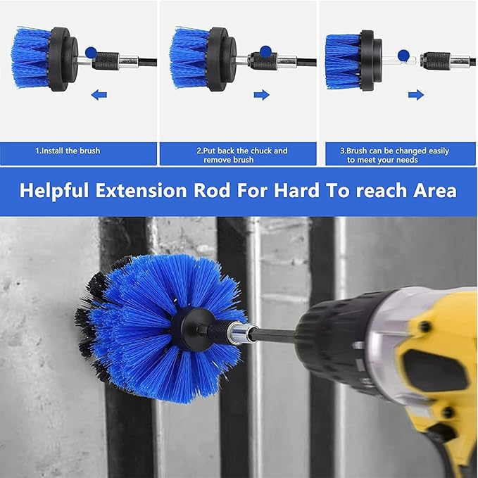 8 Pcs Drill Brush Attachment Set, Power Cleaning Scrub Brush Kit with Extend Long Attachment, All Purpose Drill Scrub Brushes for Car, Grout, Floor, Tub, Bathroom and Kitchen (Blue)