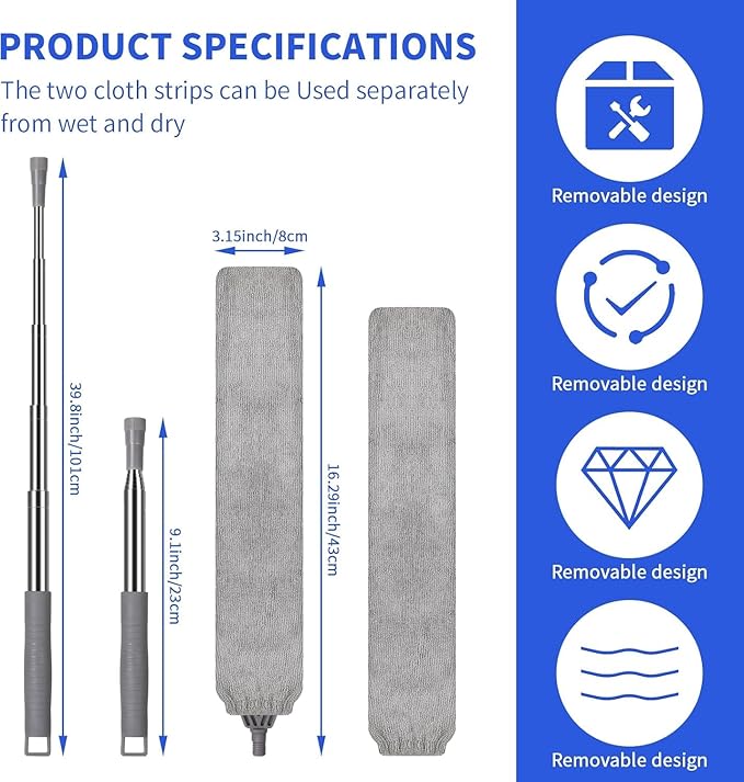 Retractable Gap Dust Cleaner, Extendable Gap Duster with 4 Microfiber Dusting Cloths Long, Under Appliances Cleaning Tools with Extendable Pole,Under Refrigerator, Furniture, High Ceiling