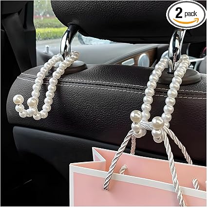 2PCS Elegant Pearl Car Seat Headrest Hook, Cute Vehicle Back Seat Hanger Purse Hook, Auto Interior Decor Strong Load-Bea