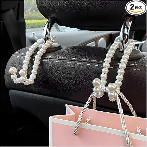 2PCS Elegant Pearl Car Seat Headrest Hook, Cute Vehicle Back Seat Hanger Purse Hook, Auto Interior Decor Strong Load-Bea