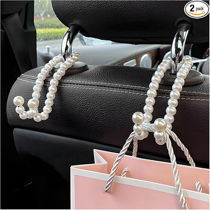 2PCS Elegant Pearl Car Seat Headrest Hook, Cute Vehicle Back Seat Hanger Purse Hook, Auto Interior Decor Strong Load-Bea