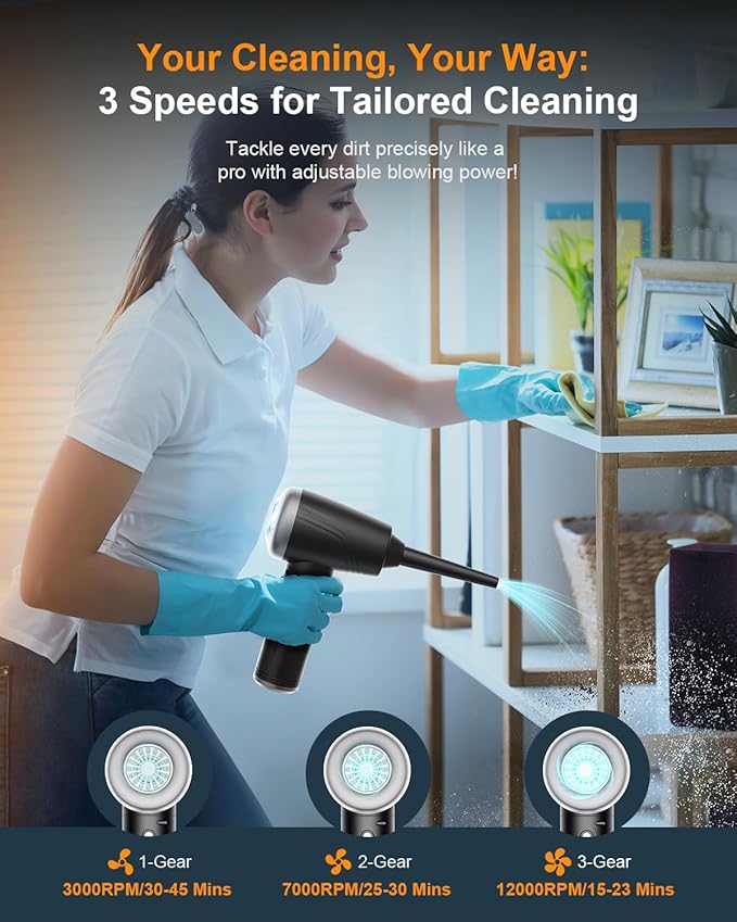 Compressed Air Duster, BANKKY 11-in-1 Cordless Keyboard Cleaner for Office, 120000RPM Electric Air Duster for Computer, Conditioner, etc (Black+Silver)