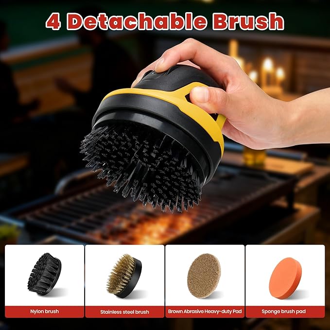 Electric Grill Brush for Outdoor Grill- 4 Replaceable Heads, 3000mAh IPX7 Waterproof BBQ Cleaning Scrubber for Kitchen & Car & Bathroom - Ideal Mother’s for Grill Lovers, Dad, Mom