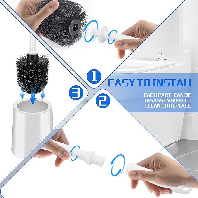 Toilet Brush and Holder Set, 2 Pack Long Handle Non-Slip Grip Toilet Bowl Brush, Hard Toilet Brush, Deep Cleaning for Bathroom, Easy to Assemble White