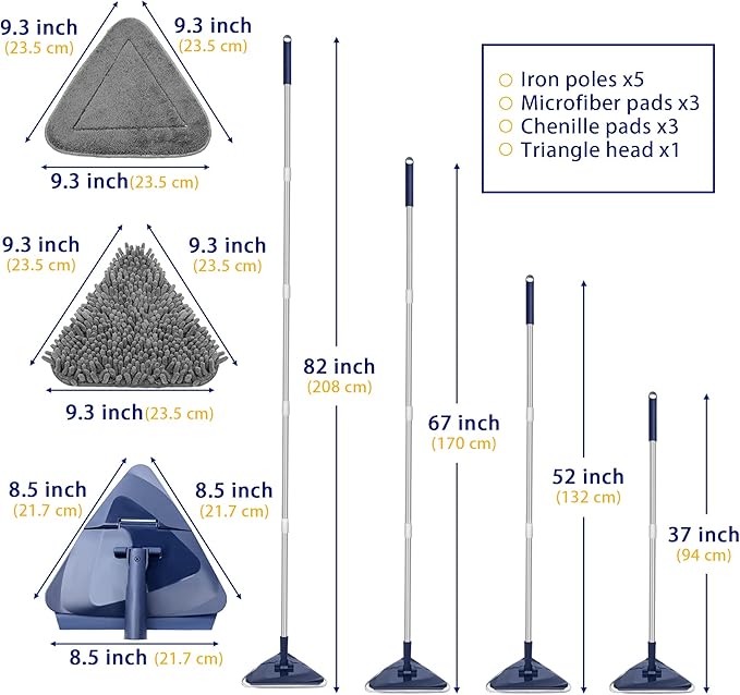 Wall Cleaner Mop with 82" Handle, 360° Rotating Triangle Head and Microfiber Pads, Built-in Squeegee for Ceiling Mop, Baseboard Cleaning and Windows