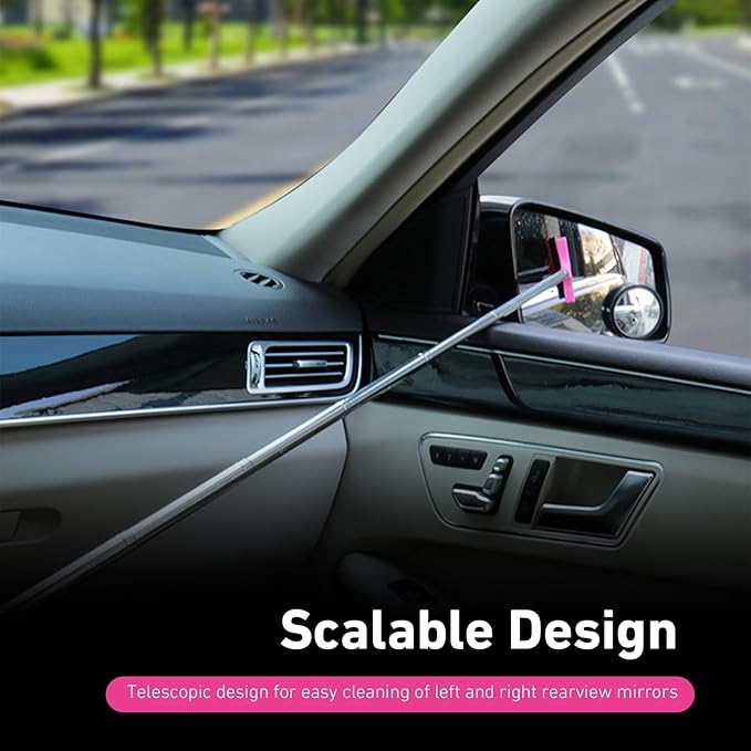 CouTun Car Side Mirror Squeegee, Retractable Car Rearview Mirror Wiper, 38.6in Long Handle Auto Glass Cleaning Tool, Multi-Functional Portable Side Mirror Wiper (Pink)