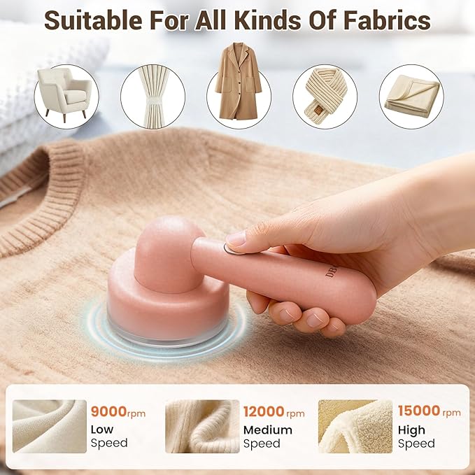 DBC Fabric Shaver & Lint Remover for Clothes, Sweaters & Furniture - 6-Leaf Blade, 3 Speeds, 2H Runtime, Portable Design Perfect for Travel, Includes 2 Extra Blades - Pink