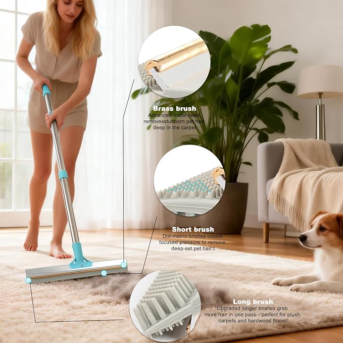 Vivifying Carpet Rake Pet Hair Remover Set, 56” Adjustable Long Handle Plus 2 Handheld Tools, Deep Cleans Pet Hair from Carpets, Rugs, Mats & Upholstery