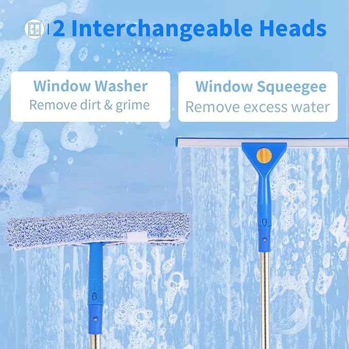 10Ft Window Cleaning Kit with Extension Pole, 14" Squeegee and 15" Scrubber with Long Handle, Window Cleaner Tool Washing Equipment for Outdoor High Windows Glass