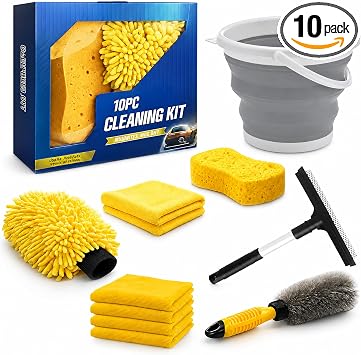 10Pcs Car Wash Detailing Kit Cleaning Kits,with Collapsible Bucket Wash Mitt Sponge Terry Towels Wheel Brush Window Scra