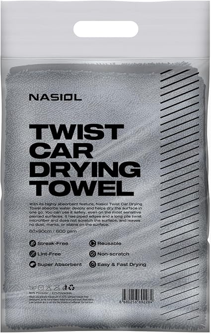 Nasiol Twist Car Drying Towel, Highly Absorbent Quick Dry, Soft Banded Edges - Scratch Free - Double Sided - Safe for Ca