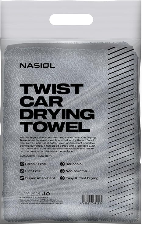 Nasiol Twist Car Drying Towel, Highly Absorbent Quick Dry, Soft Banded Edges - Scratch Free - Double Sided - Safe for Ca