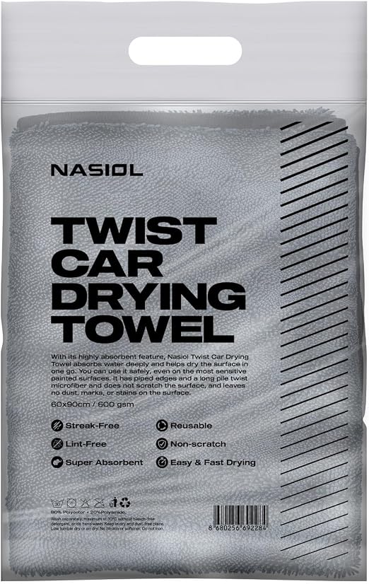 Nasiol Twist Car Drying Towel, Highly Absorbent Quick Dry, Soft Banded Edges - Scratch Free - Double Sided - Safe for Ca
