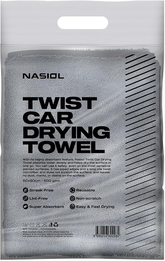 Nasiol Twist Car Drying Towel, Highly Absorbent Quick Dry, Soft Banded Edges - Scratch Free - Double Sided - Safe for Ca
