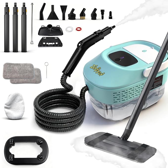 Steam Mop, 2500W High-Pressure Deep Cleaning Steam with 1.69QT Tank, 221°F & 3-Level Temp Steam Cleaner 10S Fast Heat-Up with19 Accessories for Floor, Car, Kitchen, Carpets, Window (MINT GREEN)