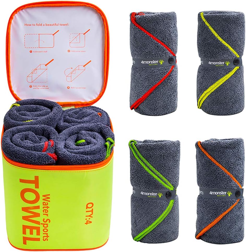 4-Pack Quick Dry Microfiber Travel Towels – Super Absorbent, Ultra-Soft Camping Towel Set with Water-Resistant Bag, Lightweight & Compact for RV, Gym, Beach, Pool, Swimming, and Family Trips