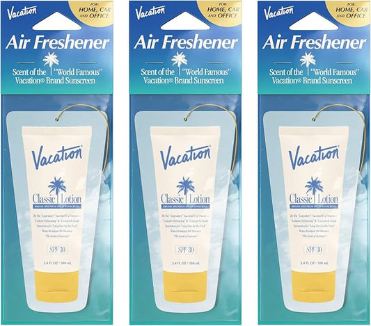 Vacation Hanging Air Freshener, Award-Winning Signature Sunscreen Scent, Deodorizer for Car, Home & Office (Pack of 3)