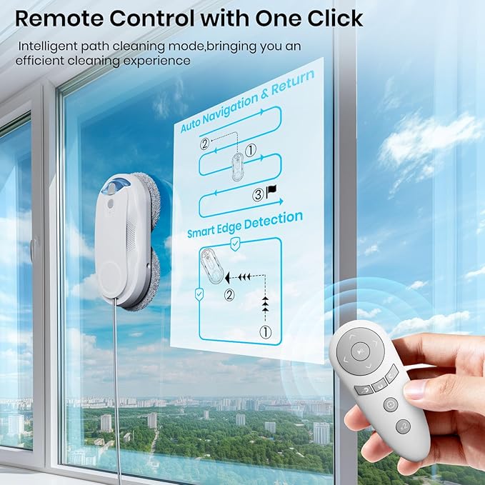 KKI Window Cleaning Robot, Auto Window Cleaner Robot, Dual Spray, Max 3200Pa, AI Path Planning & Edge Detection, Remote Control for High-Rise Windows, Glass Door,5Pairs Cloths, X3 (White)