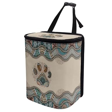 Talayituse Boho Paws Print Car Trash Can with Lid, Leak Proof Auto Trash Bag Hanging Vehicle Garbage Can Multipurpose St
