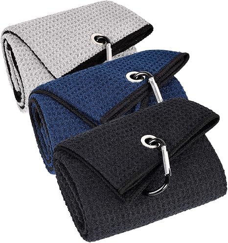 LUSTEMBER 3 Pack Large Golf Towels, 16" x 24" Tri-Fold Portable Microfiber Fabric Waffle Pattern Golf Towel for Golf Bag