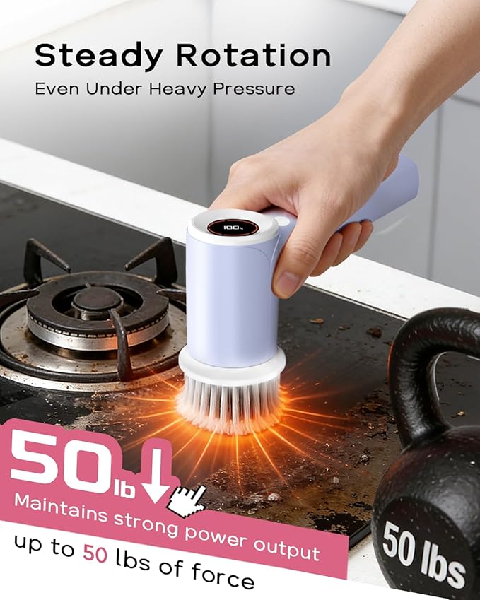 PUFTEM Electric Spin Scrubber for Bathroom Cleaning, Cordless Shower Scrubber with 6 Brush Heads & Dual-Direction Rotation, Handheld Cleaning Brush for Grout, Tile, Tub, Sink & Corners(Purple)