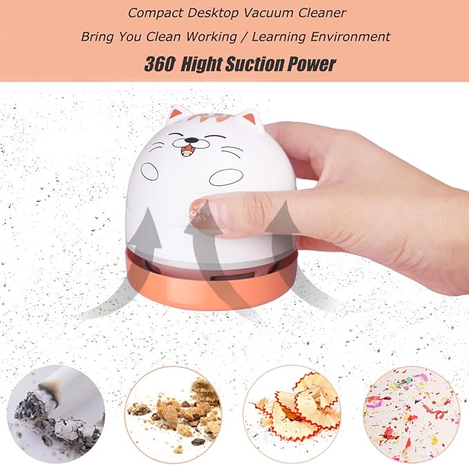 YUNYILAN Mini Desktop Vacuum Cleaner, Portable USB Vacuum Cleaner for Desk Mini Cute Cartoon Desktop Vacuum for Cleaning Eraser Crumbs, Dust, Crumbs, Computer, Keyboard and Car (White Orange)