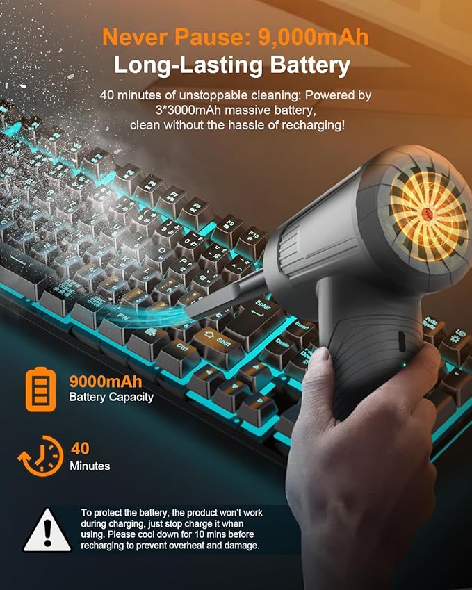 BNKKY 11-in-1 Compressed Air Duster, 3-Gear Adjustable 120000 RPM Electric Air Duster with LED Light, Reusable no Canned Keyboard Cleaner for Office, 9000mAh Cordless Air Duster for Computer/Car