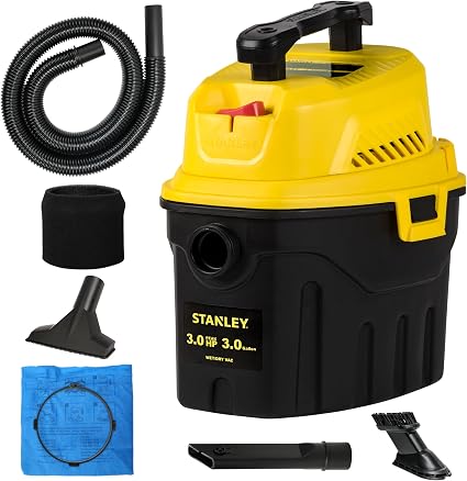 Stanley 3 Gallon Portable Shop Vacuum, 3 Peak HP Wet Dry Suction Vac,Multi-functional Crevice Nozzle with Retractable Ho