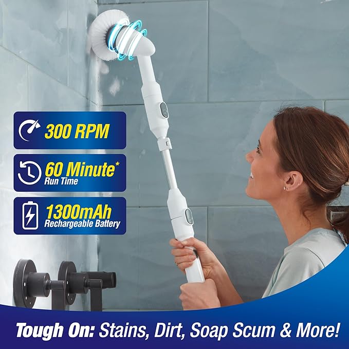 Voom Electric Spin Scrubber, Cordless Shower Spinning Brush with 2 Replaceable Brush Heads & Adjustable Handle, Rechargeable Spinning Brush for Cleaning Bathroom Tub, Floor & Wall Tiles, Car Wheels