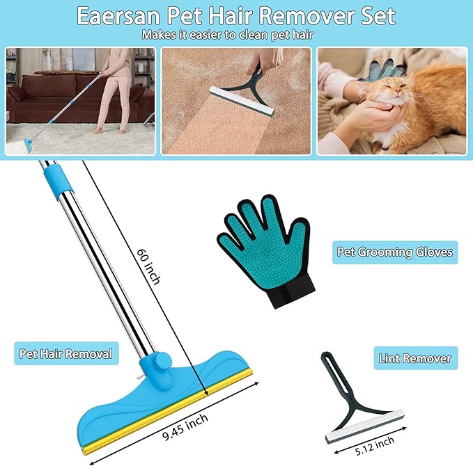 3 in 1 Carpet Rake for Pet Hair Removal, 60” Adjustable Long Handle Pet Hair Remover, Tool Set of 3, Reusable Carpet Scraper Dog Cat Pet Hair Removal Broom for Carpets, Car Mat, Pet Bed, Rugs