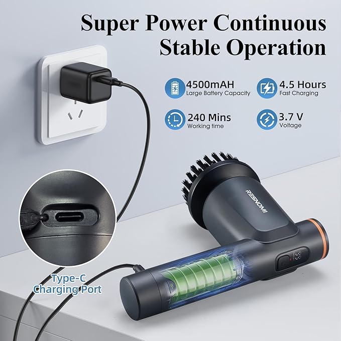 Electric Spin Scrubber,Cordless Shower Scrubber with LCD Display,Upgraded Motor 400/550RPM,2 Speeds Electric Scrubber with 6 Replaceable Heads,Handheld Cleaning Brush for Kitchen/Bathroom/Tile/Tub