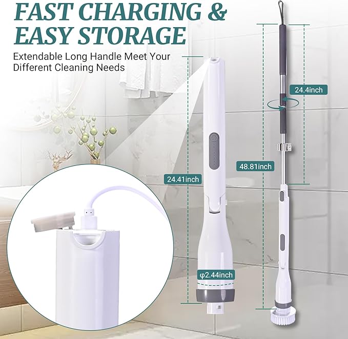 Electric Spin Scrubber, IPX7 Waterproof Shower Cleaning Brush with 8 Replaceable Brush Heads, Extendable Long Handle and 2 Adjustable Speeds Tools White