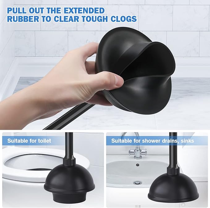 Toilet Plunger and Brush Set, Silicone Toilet Brush and Plunger with Holder for 5.7-inch Toilet Drain, 2-in-1 Toilet Brush Plunger Combo with Caddy Stand (Black)