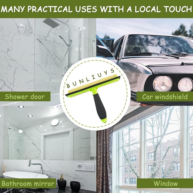Shower Squeegee Window Squeegee Cleaner for Shower Doors Glass, 2 in 1 Window Cleaning Tool Window Scrubber Handheld Squeegee for Car Windshield with Sponge and Rubber Squeegee, Green