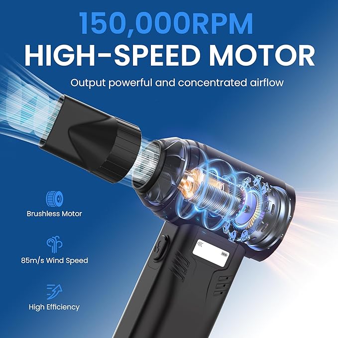 Electric Air Duster, 150000RPM Powerful Cordless Blower with Vacuum, 10-Gear Rechargeable Cleaner for Computer, Keyboard, Car Vent and Camera Gears