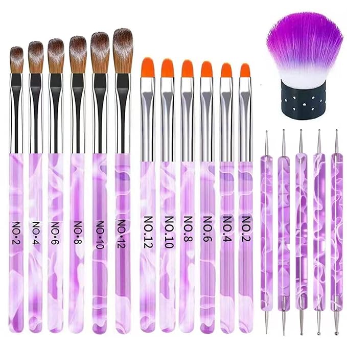 19Pcs Purple Nail Art Brush Set, Nail Brushes Kit with Acrylic Nail Brush, Gel Polish Brushes, Dotting Tools, Nail Dust Brush, Manicure Tool for Acrylic Powder Application, Sculpting & Cleaning