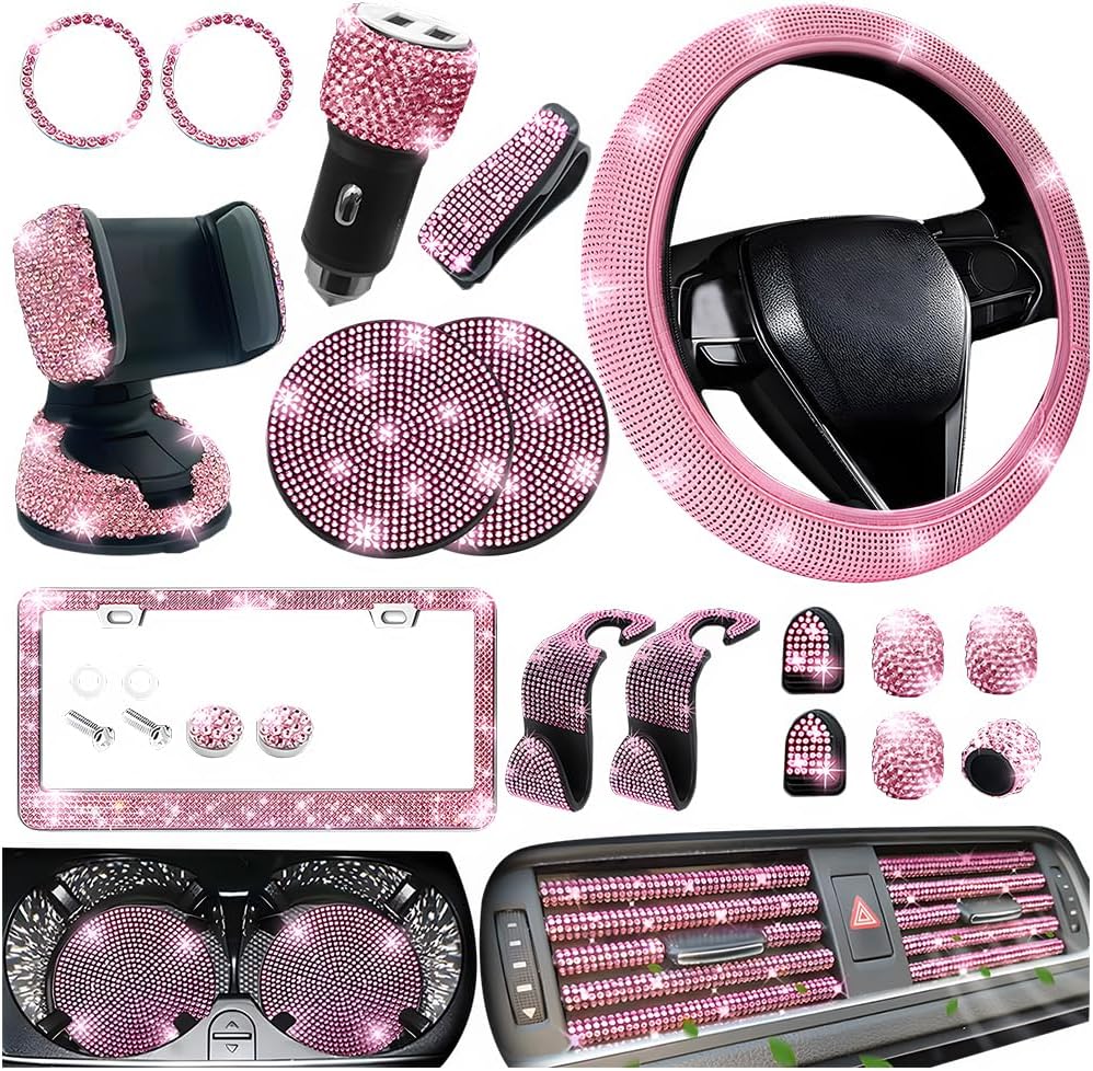 27 Pack 14.5-15 Inch Rhinestone Car Accessory Set, Pink