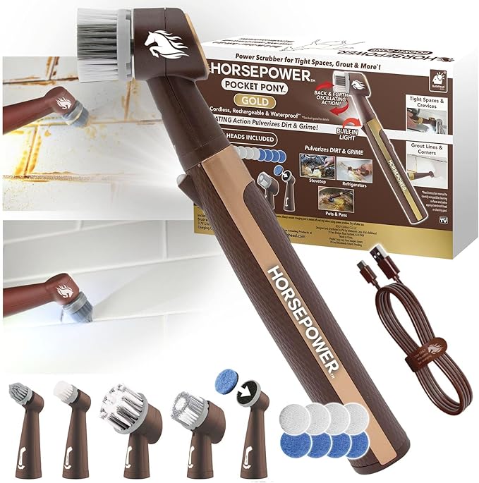 Horsepower Pocket Pony GOLD Edition Oscillating Power Scrubber w/Longer RunTime, Waterproof, Cordless/Rechargeable, Pocket-Sized, Deep Clean Tight Spaces, Grout Lines, Corners, 5 Heads & LED