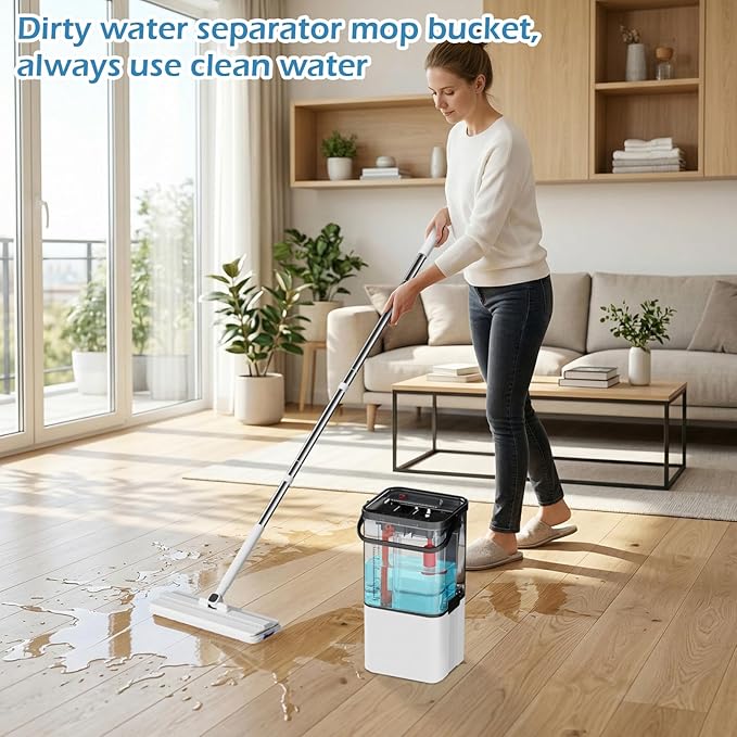 Midyb Mop and Bucket Set, 2026 Upgraded Flat Mop and Bucket System with 2 Pads, Mop Bucket with Wringer Set, Spray Cleaning, Auto Dirty Water Separation Keep Water Fresh, Mops for Floor Cleaning