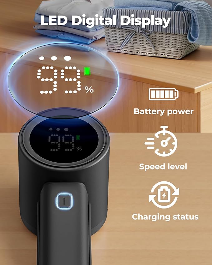 ASNUG Fabric Shaver, Electric Lint Remover, Sweater Shavers to Remove Pilling with 3 Speeds, 6 Leaf Blade, LED Display & Type-C Rechargeable, Removes Fuzz, Pills for Clothes, Couch, Furniture