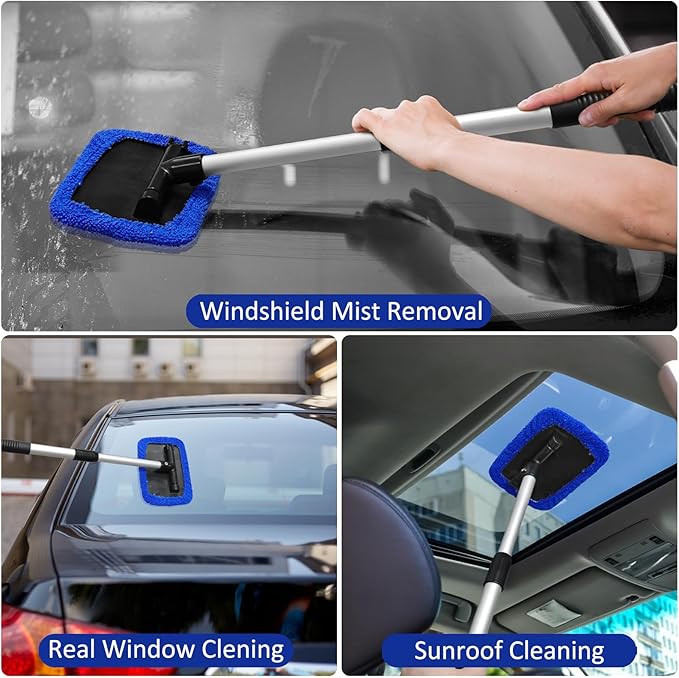 Beieverluck 20 Pieces Windshield Cleaner Tool, Inside Car Windshield Cleaning Tool with 12 Microfiber Pads, 4 Spray Bottle, and Extendable Handles Car Window Cleaning Tool Kit, Blue