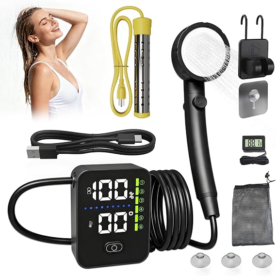 SHIJING Portable Shower with Heater for Camping,8000mAh Rechargeable Camping Shower with LED Display, 3 Spray Modes for 