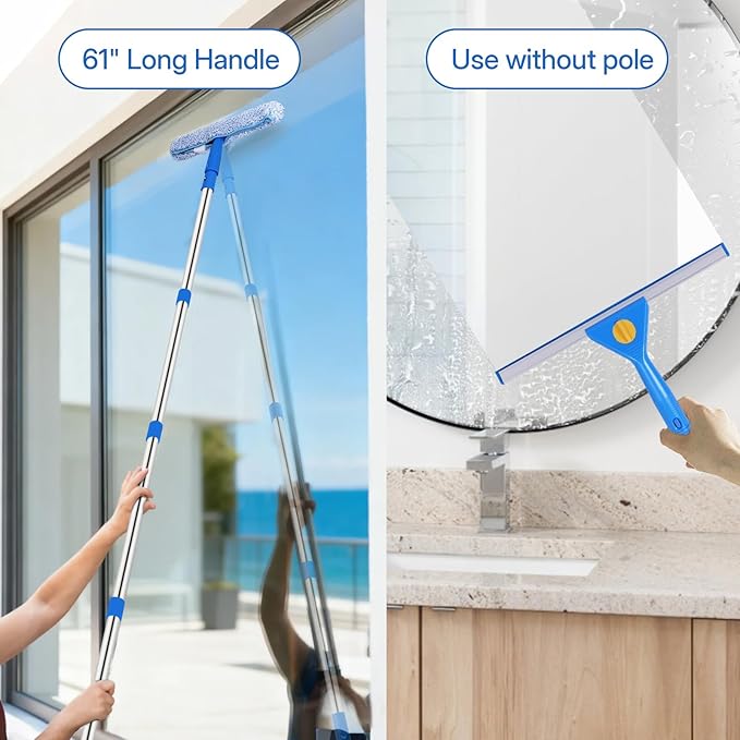 Window Cleaning Kit with Bucket 3 Gallon, 14" Window Squeegee and 15" Scrubber with 61" Long Handle, Professional Window Washing Equipment Cleaner Tool for Home Outdoor Commercial Use